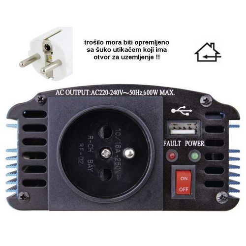 Adapter 12V 220V 600/300 W ,USB,utičnica sa pinom, Geti-13