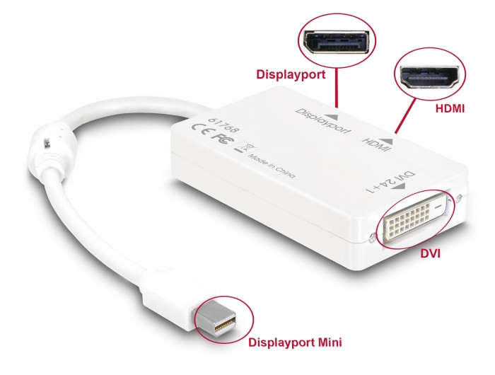 Adapter DELOCK, mini DisplayPort (M) na HDMI (Ž)/DP/DVI, 16cm 61768-13