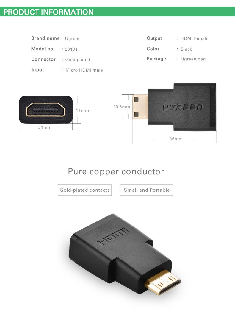 Adapter UGREEN, mini HDMI (M) na HDMI (Ž), ravni-5
