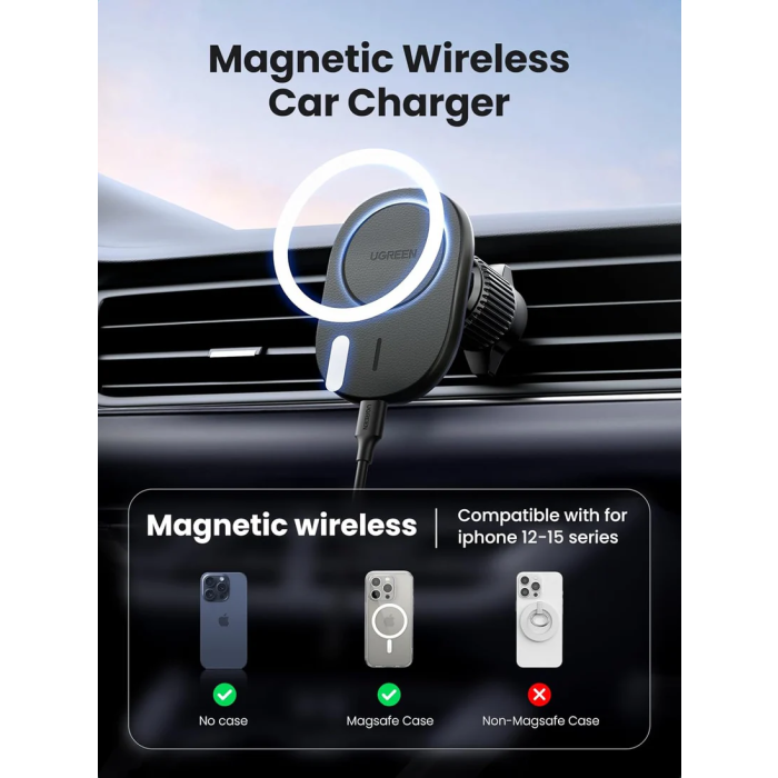 Auto punjač UGREEN MagSafe, 15W, magnetni, bežični/indukcijski, crni-18