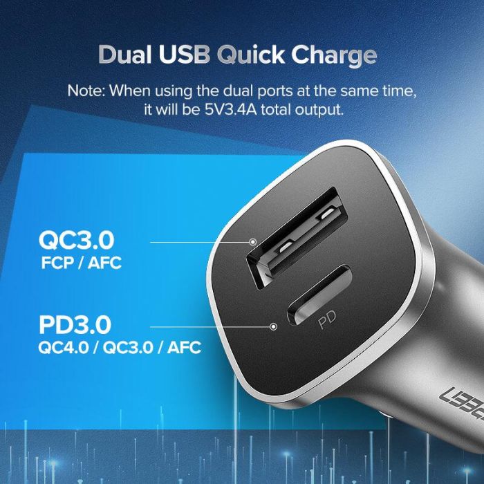 Auto punjač UGREEN, 24W, USB-C PD+USB-A QC, srebrni-20