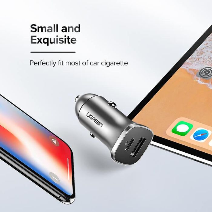 Auto punjač UGREEN, 24W, USB-C PD+USB-A QC, srebrni-16