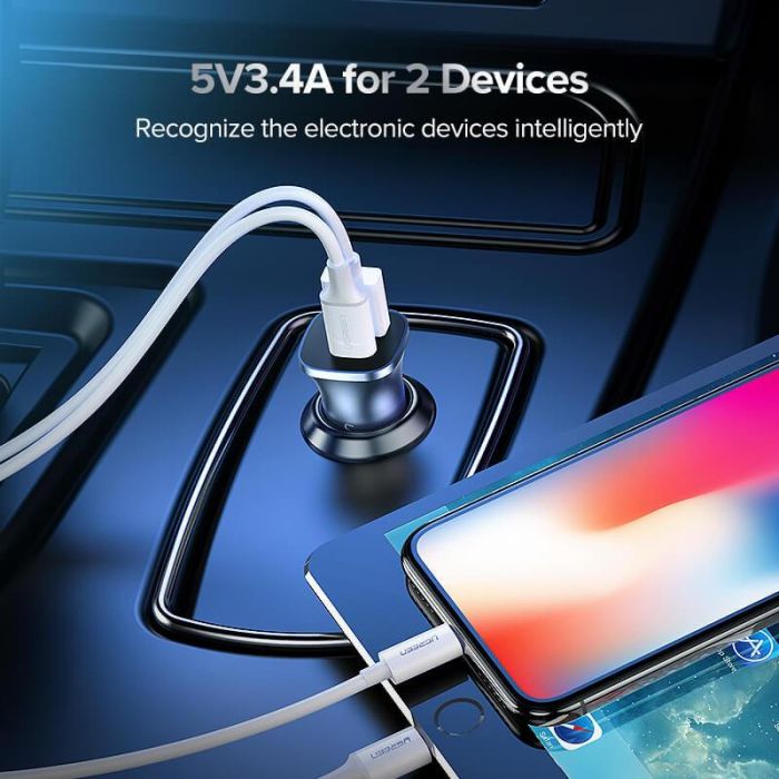 Auto punjač UGREEN, 24W, USB-C PD+USB-A QC, srebrni-18