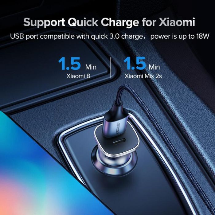 Auto punjač UGREEN, 24W, USB-C PD+USB-A QC, srebrni-19