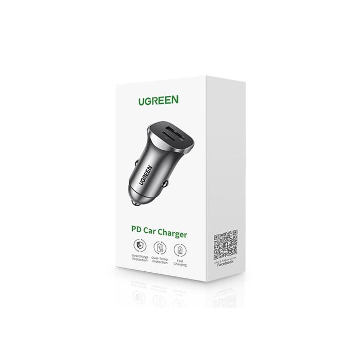 Auto punjač UGREEN, 24W, USB-C PD+USB-A QC, srebrni-24