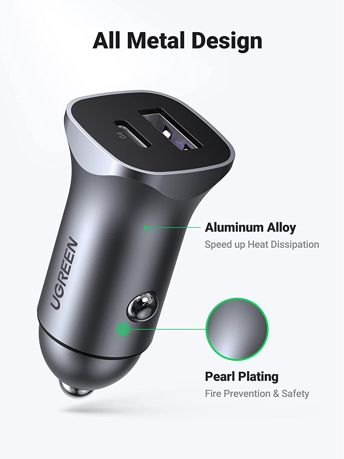 Auto punjač UGREEN, 30W, USB-C PD+USB-A, sivi-15