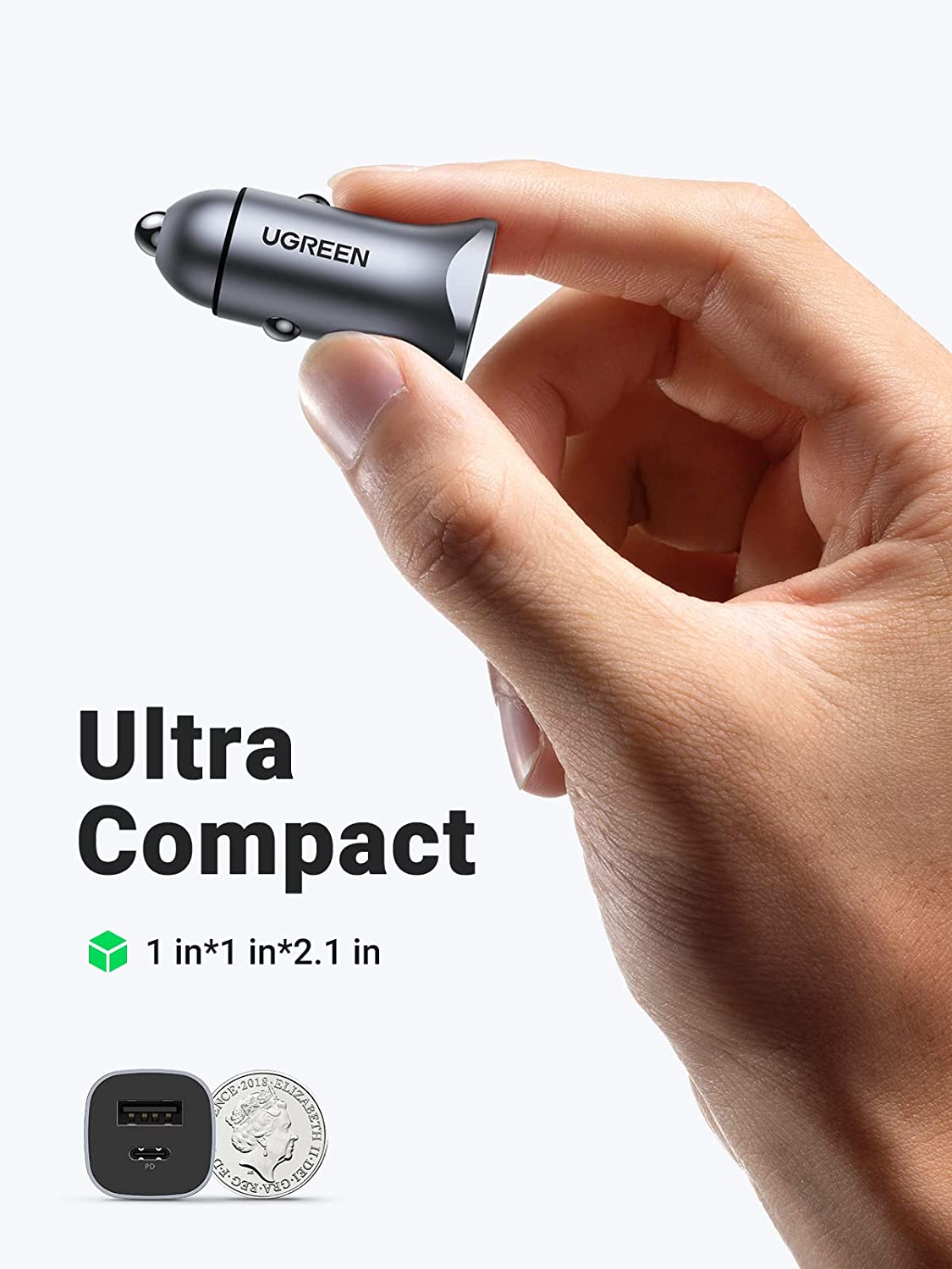 Auto punjač UGREEN, 30W, USB-C PD+USB-A, sivi-13