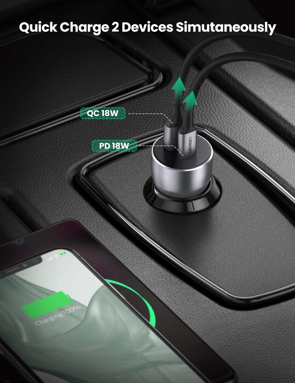 Auto punjač UGREEN, 52.5W, USB-C PD+USB-A QC, sivi-10