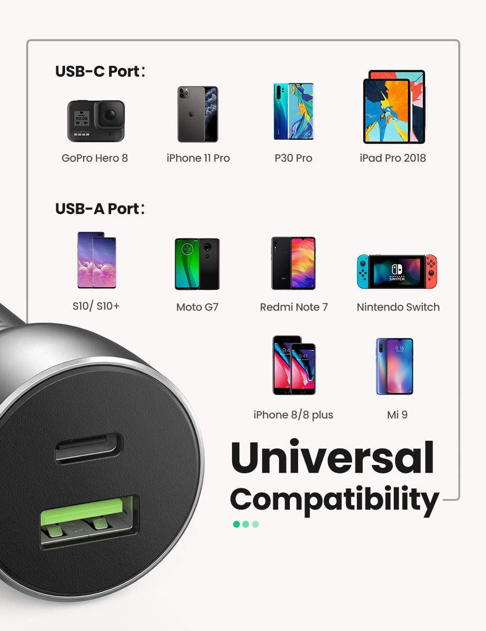 Auto punjač UGREEN, 52.5W, USB-C PD+USB-A QC, sivi-17