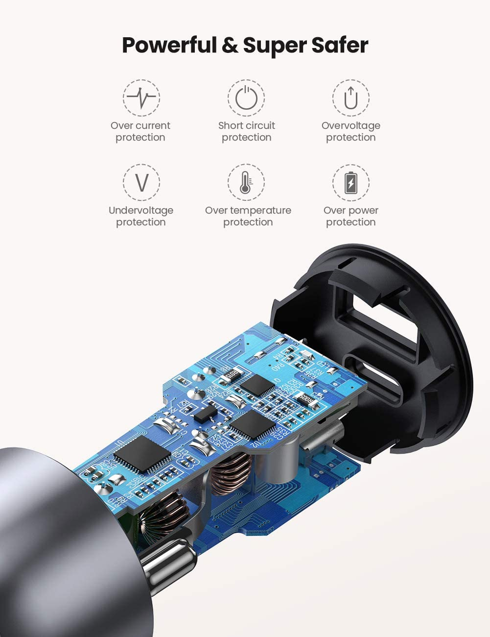 Auto punjač UGREEN, 52.5W, USB-C PD+USB-A QC, sivi-12