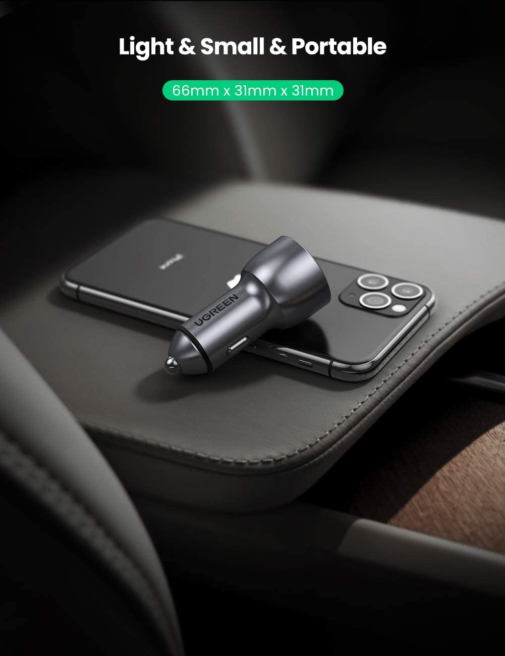 Auto punjač UGREEN, 52.5W, USB-C PD+USB-A QC, sivi-13