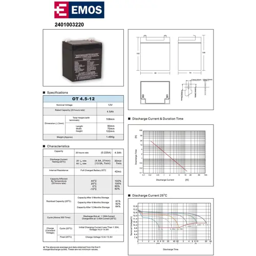 Baterija akumulatorska EMOS OT 4.5-12, 12V, 4.5Ah, 90x70x101 mm-1