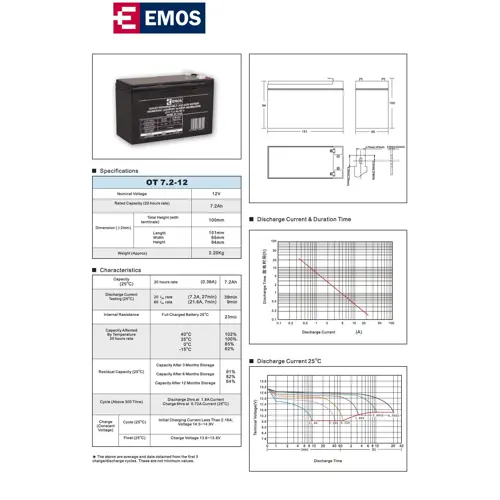 Baterija akumulatorska EMOS, 12V, 7.2Ah, F4.8, 151x65x94 mm-0