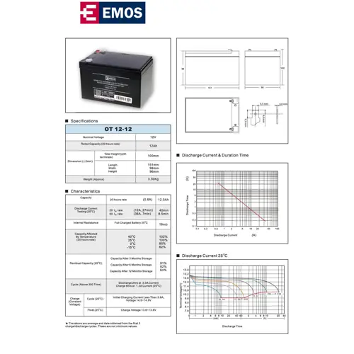 Baterija akumulatorska EMOS OT 12-12, 12V, 12Ah, 151x99x95 mm-1