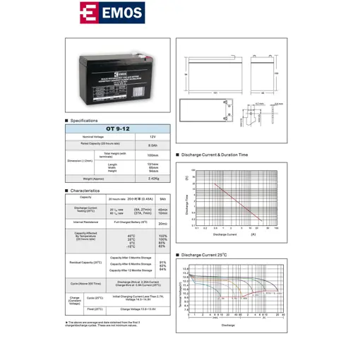 Baterija akumulatorska EMOS, 12V, 9Ah, F6.3, 151x65x94 mm-0