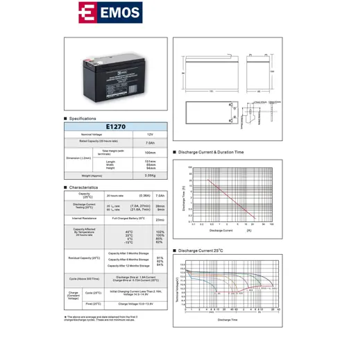 Baterija akumulatorska EMOS, 12V, 7Ah, F4.8, 151x65x94 mm-2