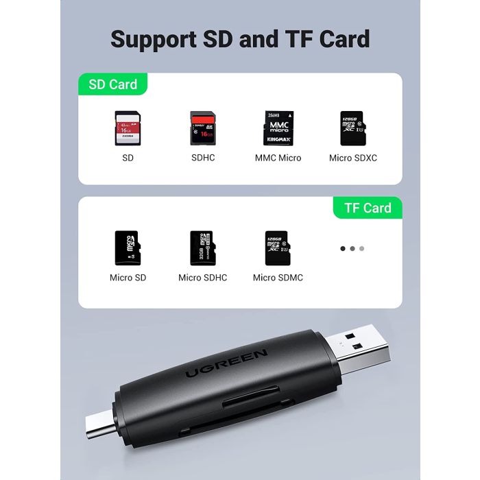 Čitač memorijskih kartica UGREEN, USB-C + A, TF/SD kartice, crni-16