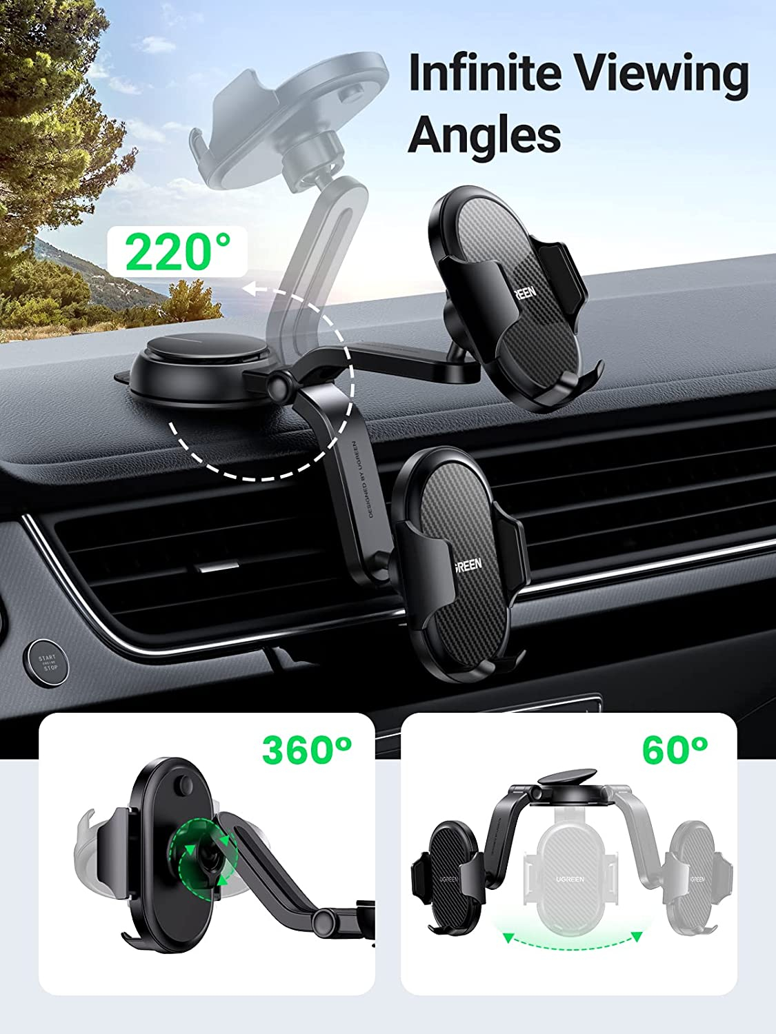 Držač za smartphone UGREEN, vakumski, za auto, crni-10