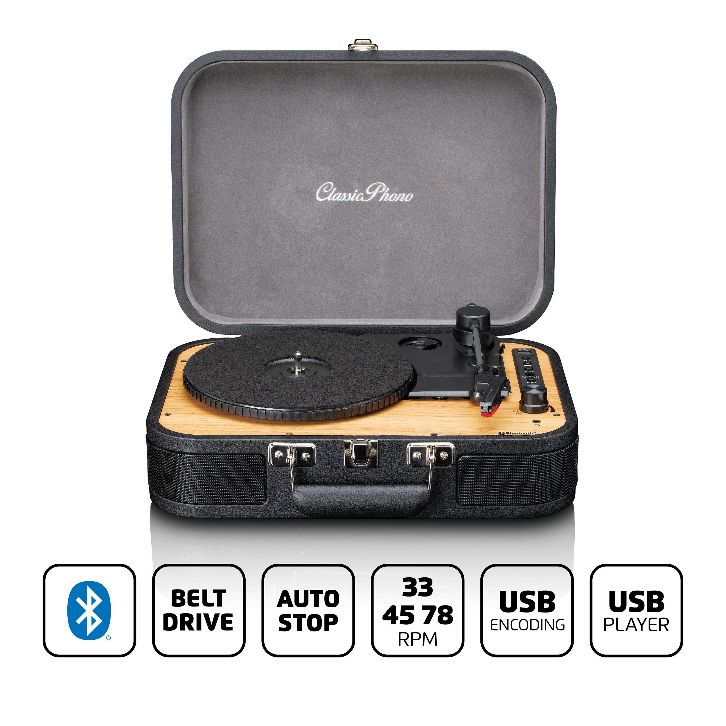 Gramofon LENCO TT-116BK, sa zvučnicima, Bluetooth 5, RCA izlaz, AUX ulaz, USB-B PC kodiranje, 33,45 i 75 RPM,-13