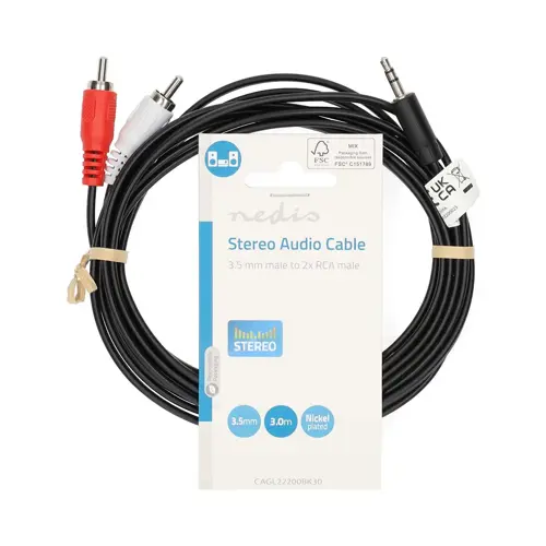 Kabel NEDIS audio stereo, 3.5mm (M) na 2xRCA (M), crni, 3m, polybag-1