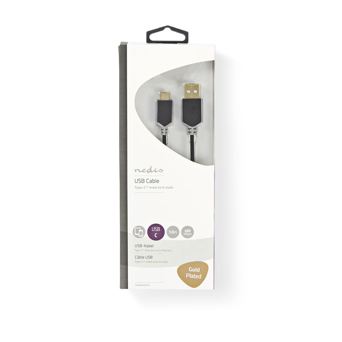 Kabel NEDIS CCBW60600AT10, USB-A (M) na USB-C (M), 480 Mbps, 60W, gold plated, antracite, 1m-8