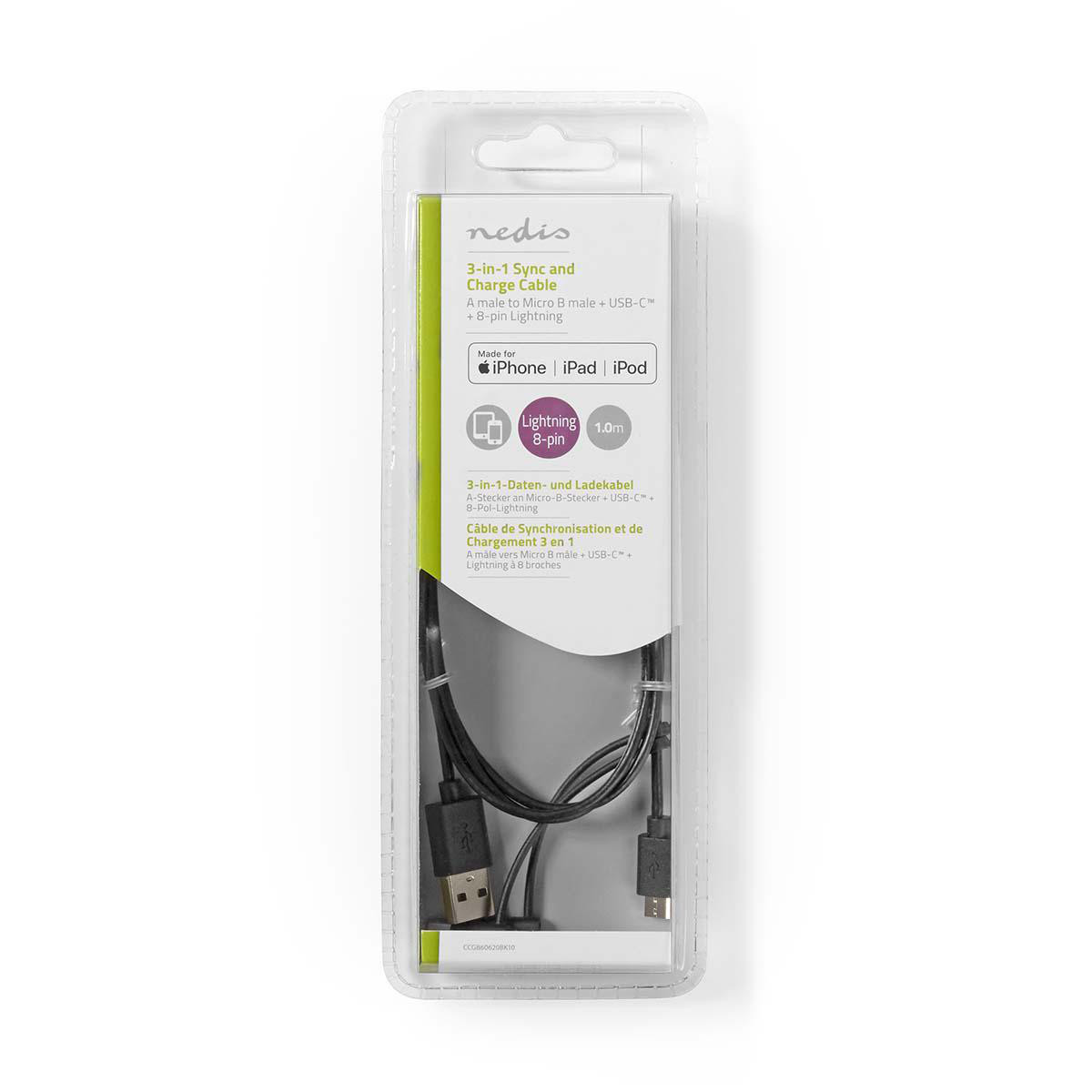 Kabel NEDIS CCGB60620BK10, 3U1 Sync+Charge, USB-A (M) na micro B (M) /Type-C (M) /8-pin Lightning , crni, 1m-10