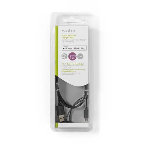Kabel NEDIS CCGB60620BK10, 3U1 Sync+Charge, USB-A (M) na micro B (M) /Type-C (M) /8-pin Lightning , crni, 1m-1