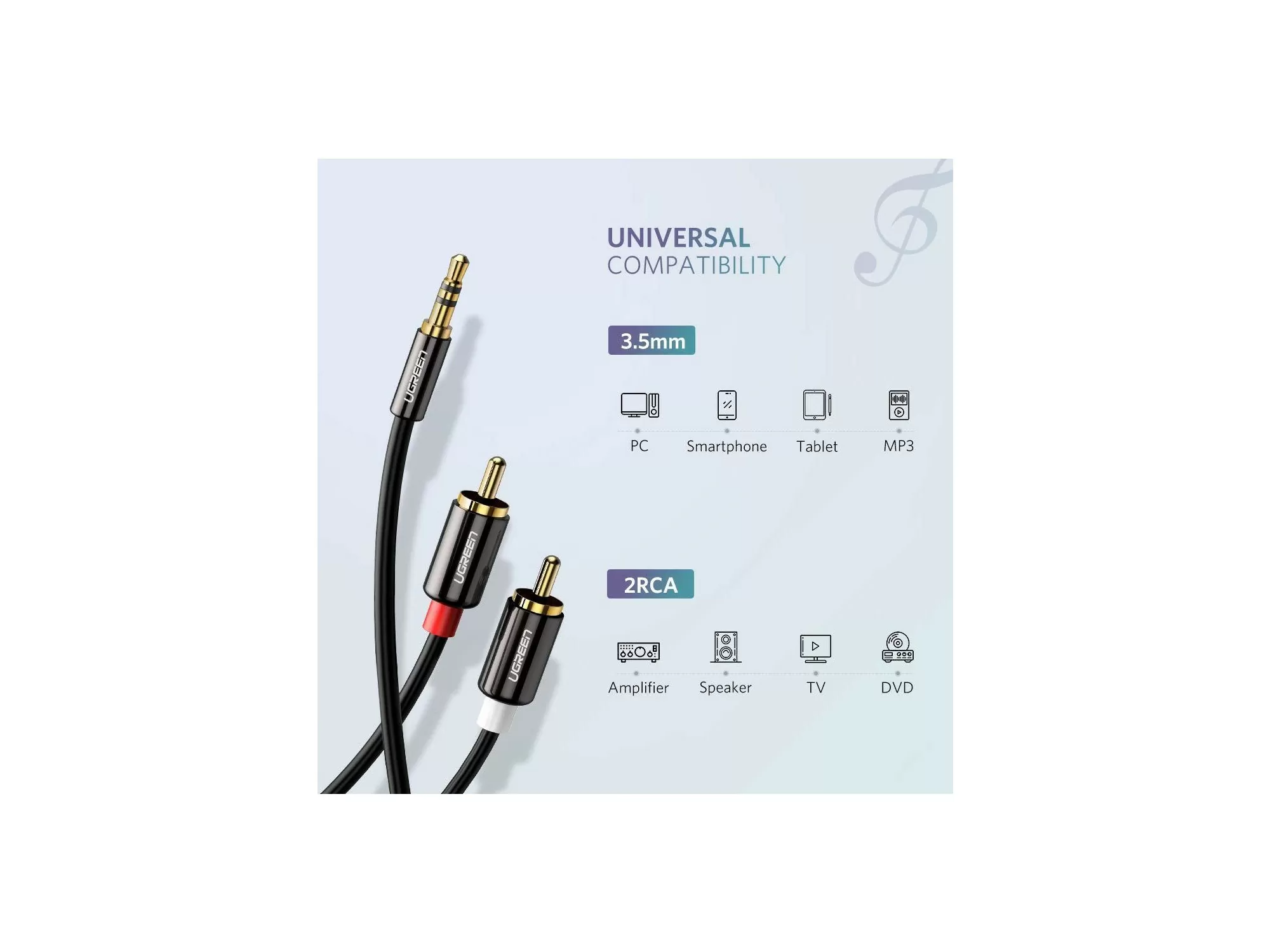 Kabel UGREEN, 3.5mm (M) na 2xRCA (M), pozlaćeni, 2m-10