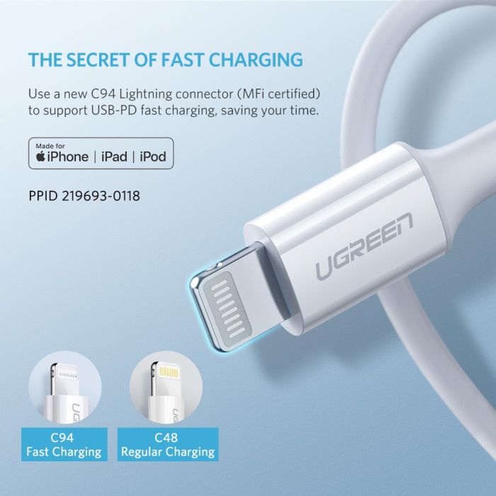 Kabel UGREEN, Lightning na Type-C 2.0 (M), bijeli, 1m-18