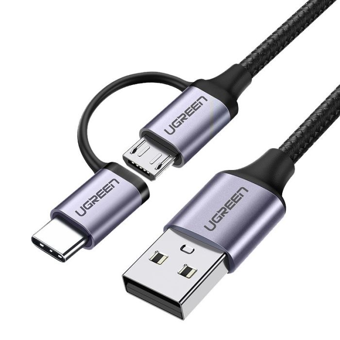 Kabel UGREEN, USB 2.0 A (M) na Micro USB + USB-C (M), 3A, crni, 1m-18