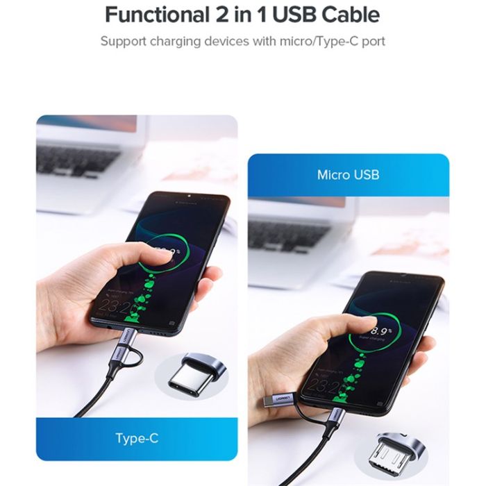 Kabel UGREEN, USB 2.0 A (M) na Micro USB + USB-C (M), 3A, crni, 1m-22