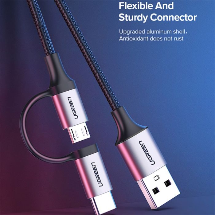 Kabel UGREEN, USB 2.0 A (M) na Micro USB + USB-C (M), 3A, crni, 1m-13