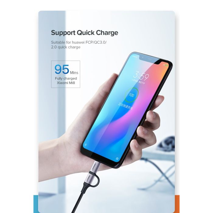 Kabel UGREEN, USB 2.0 A (M) na Micro USB + USB-C (M), 3A, crni, 1m-14