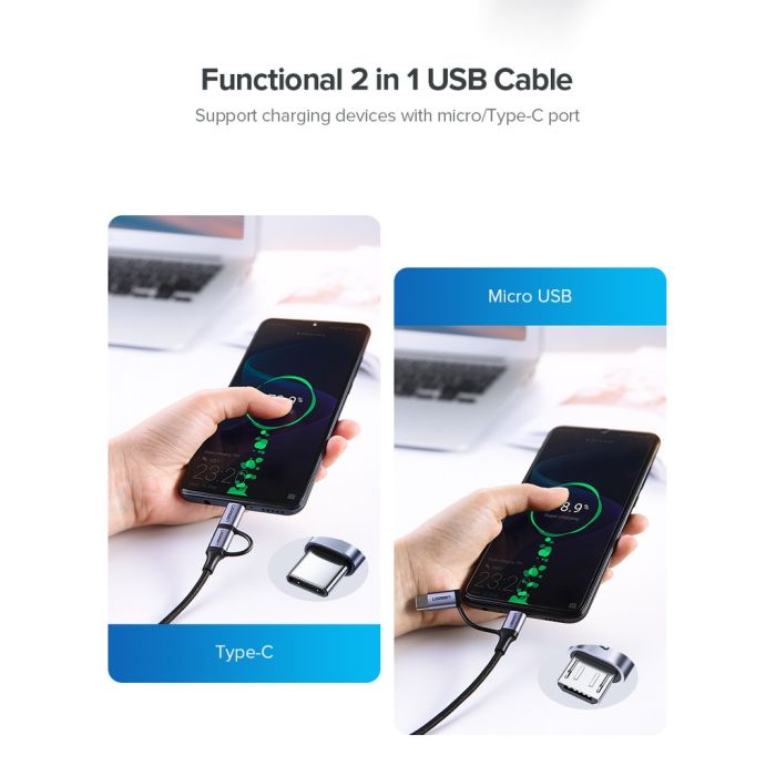 Kabel UGREEN, USB 2.0 A (M) na Micro USB + USB-C (M), 3A, crni, 1m-16