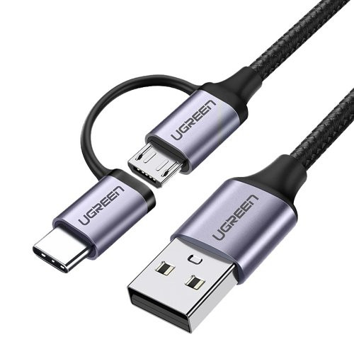 Kabel UGREEN, USB 2.0 A (M) na Micro USB + USB-C (M), 3A, crni, 1m-12