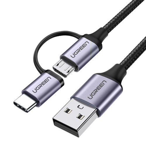 Kabel UGREEN, USB 2.0 A (M) na Micro USB + USB-C (M), 3A, crni, 1m-7