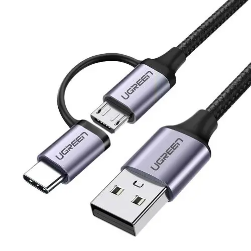 Kabel UGREEN, USB 2.0 A (M) na Micro USB + USB-C (M), 3A, crni, 1m-0