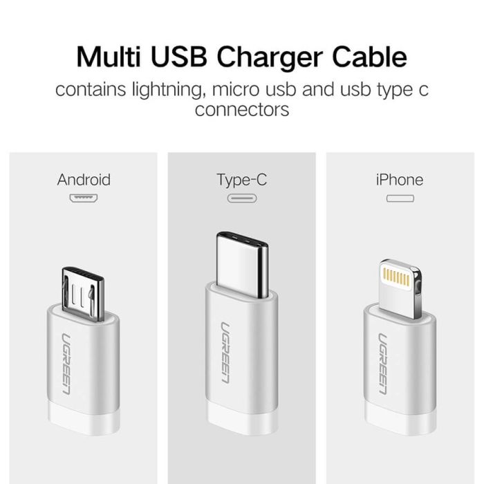 Kabel UGREEN, USB 2.0 A na Micro USB+Lightning+Type C (3 in 1), srebrni, 1.5m-4