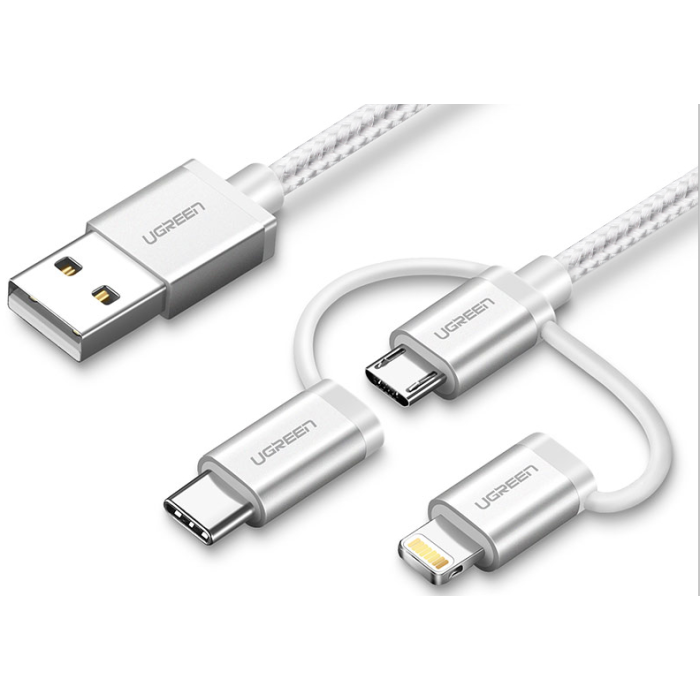 Kabel UGREEN, USB 2.0 A na Micro USB+Lightning+Type C (3 in 1), srebrni, 1.5m-14