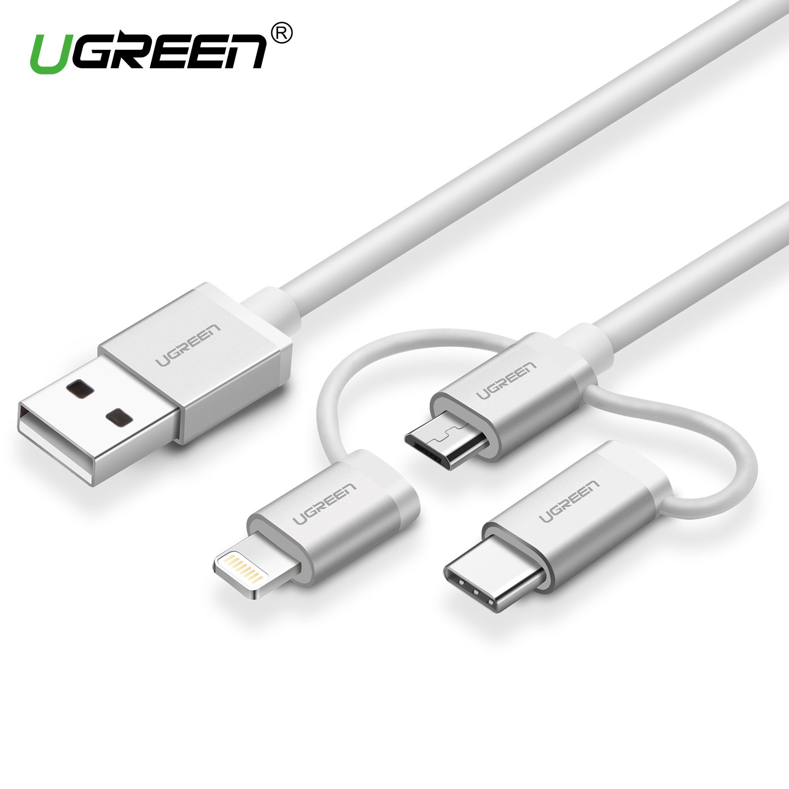 Kabel UGREEN, USB 2.0 A na Micro USB+Lightning+Type C (3 in 1), srebrni, 1.5m-15
