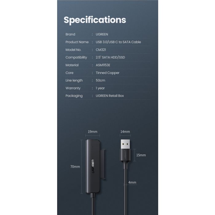 Kabel UGREEN, USB-A 3.0 na SATA za 2.5“, 0.5m-21