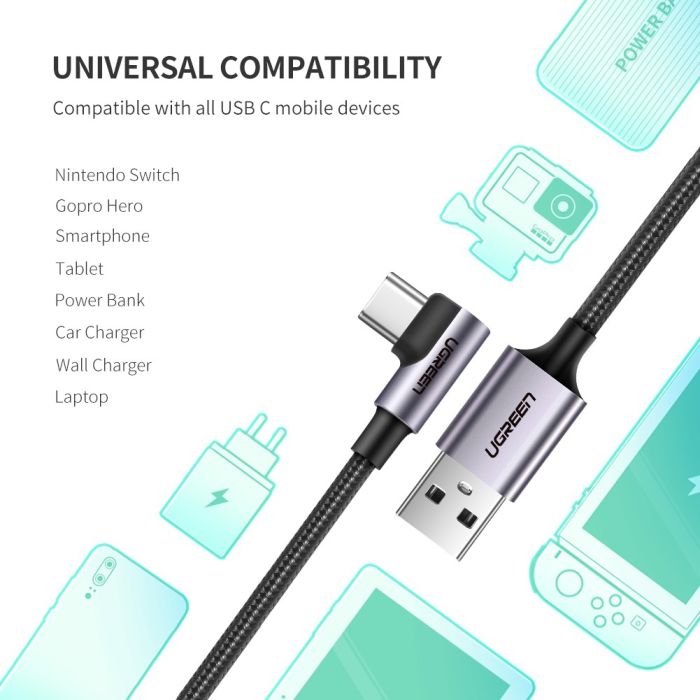 Kabel UGREEN, USB-C (M) na USB 2.0 A (M), 3A, kutni 90°, crni, 1m-18