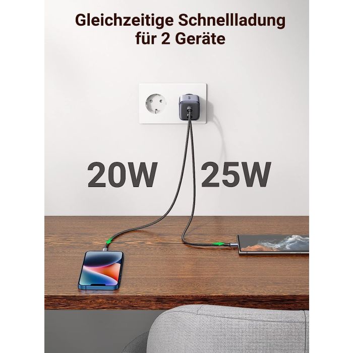 Kućni punjač UGREEN, Nexode Mini, 45W (25W+20W), 2x USB-C-21