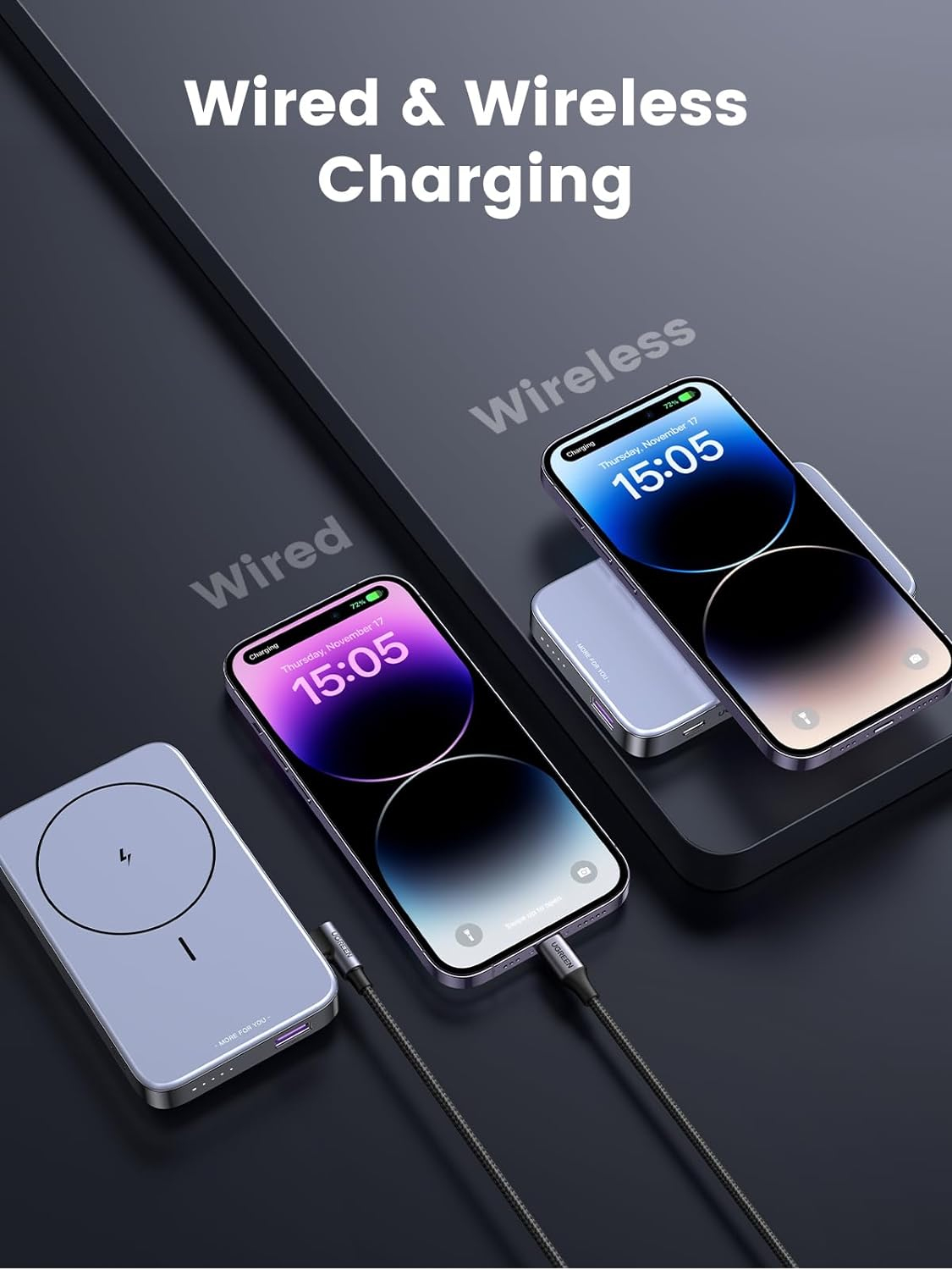Prijenosno napajanje powerbank UGREEN Magsafe, 10.000 mAh, bežično punjenje do 15W, USB-C, Power Delivery do 20W, sivi-9