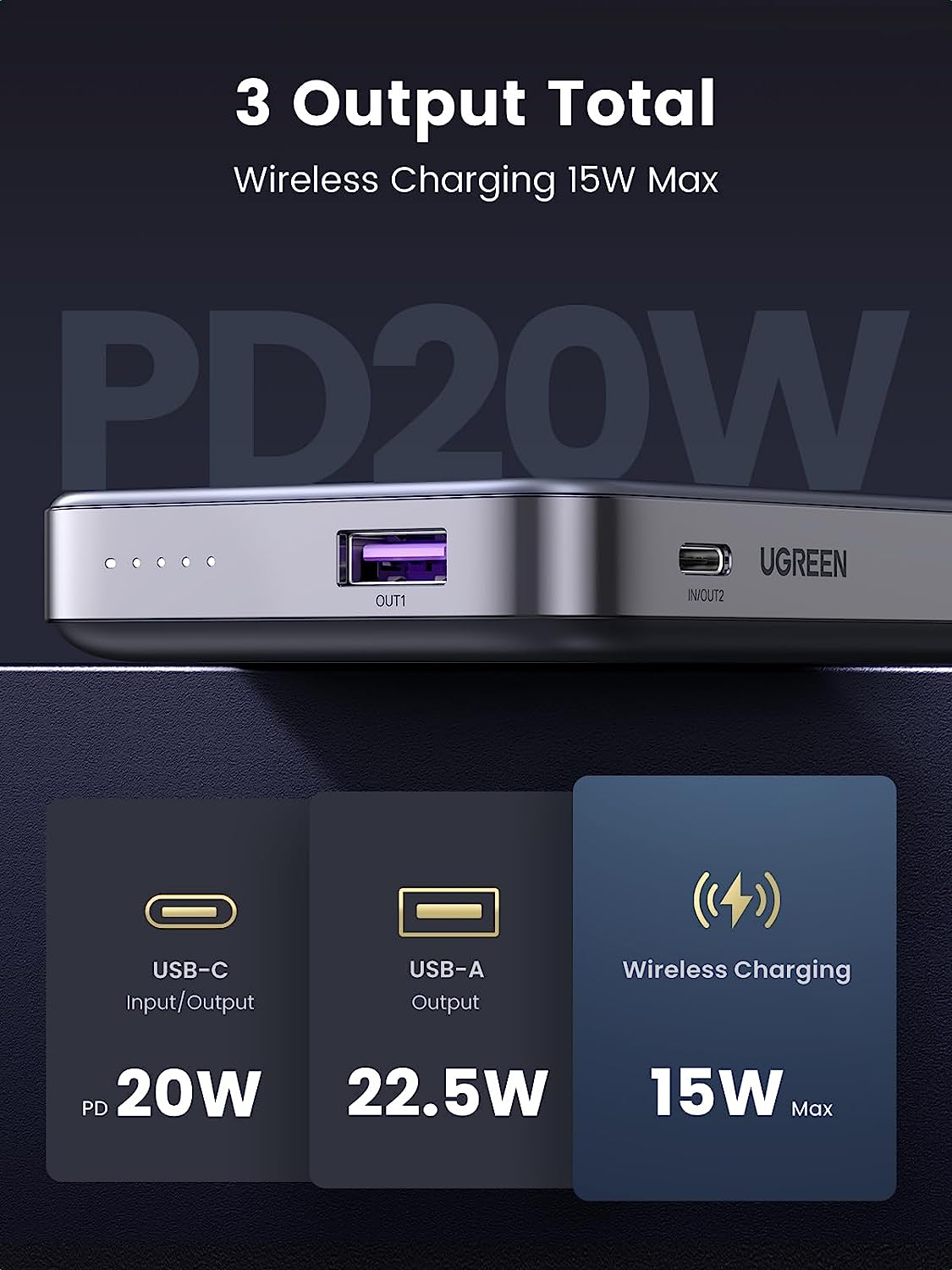 Prijenosno napajanje powerbank UGREEN Magsafe, 10.000 mAh, bežično punjenje do 15W, USB-C, Power Delivery do 20W, sivi-12