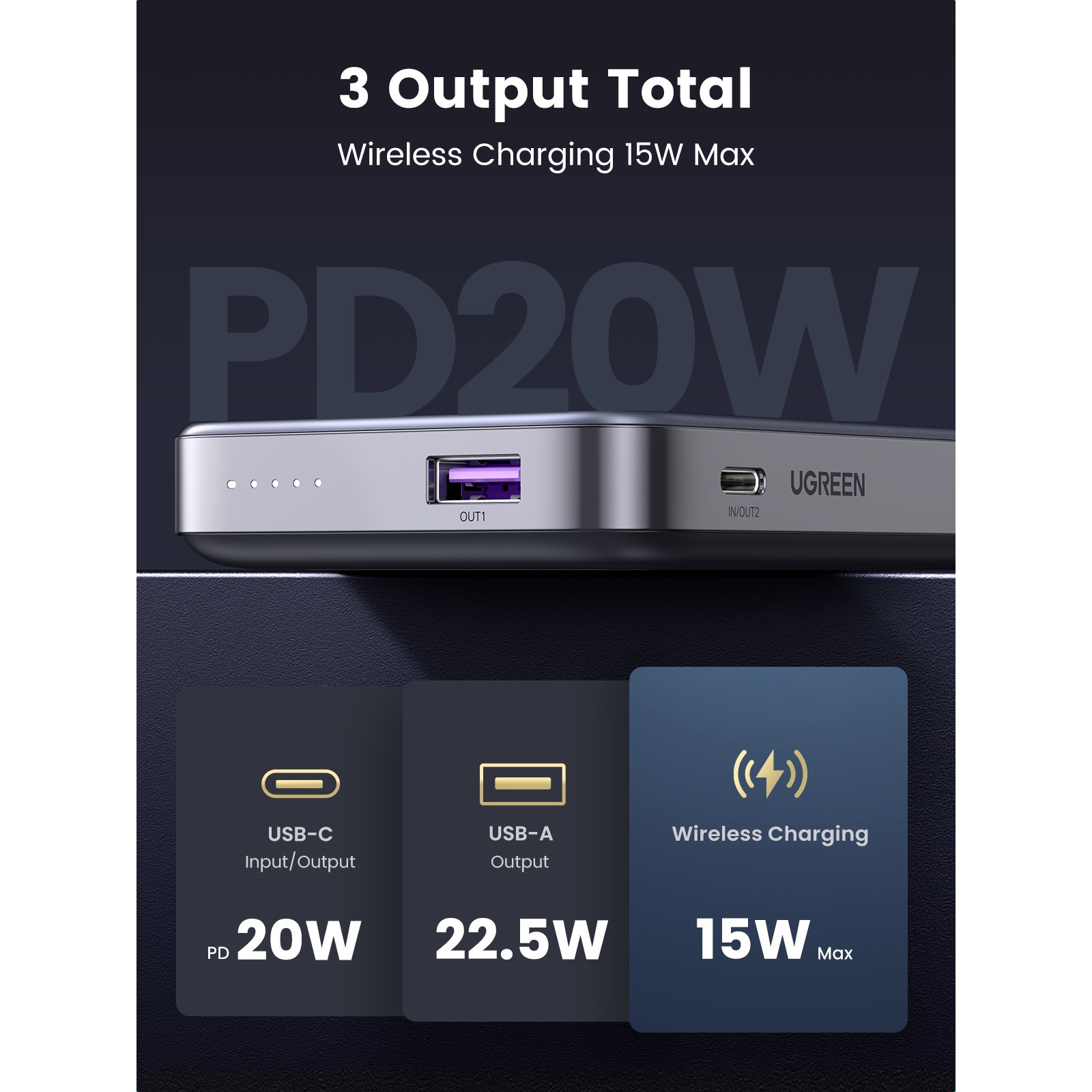Prijenosno napajanje powerbank UGREEN Magsafe, 10.000 mAh, bežično punjenje do 15W, USB-C, Power Delivery do 20W, sivi-39