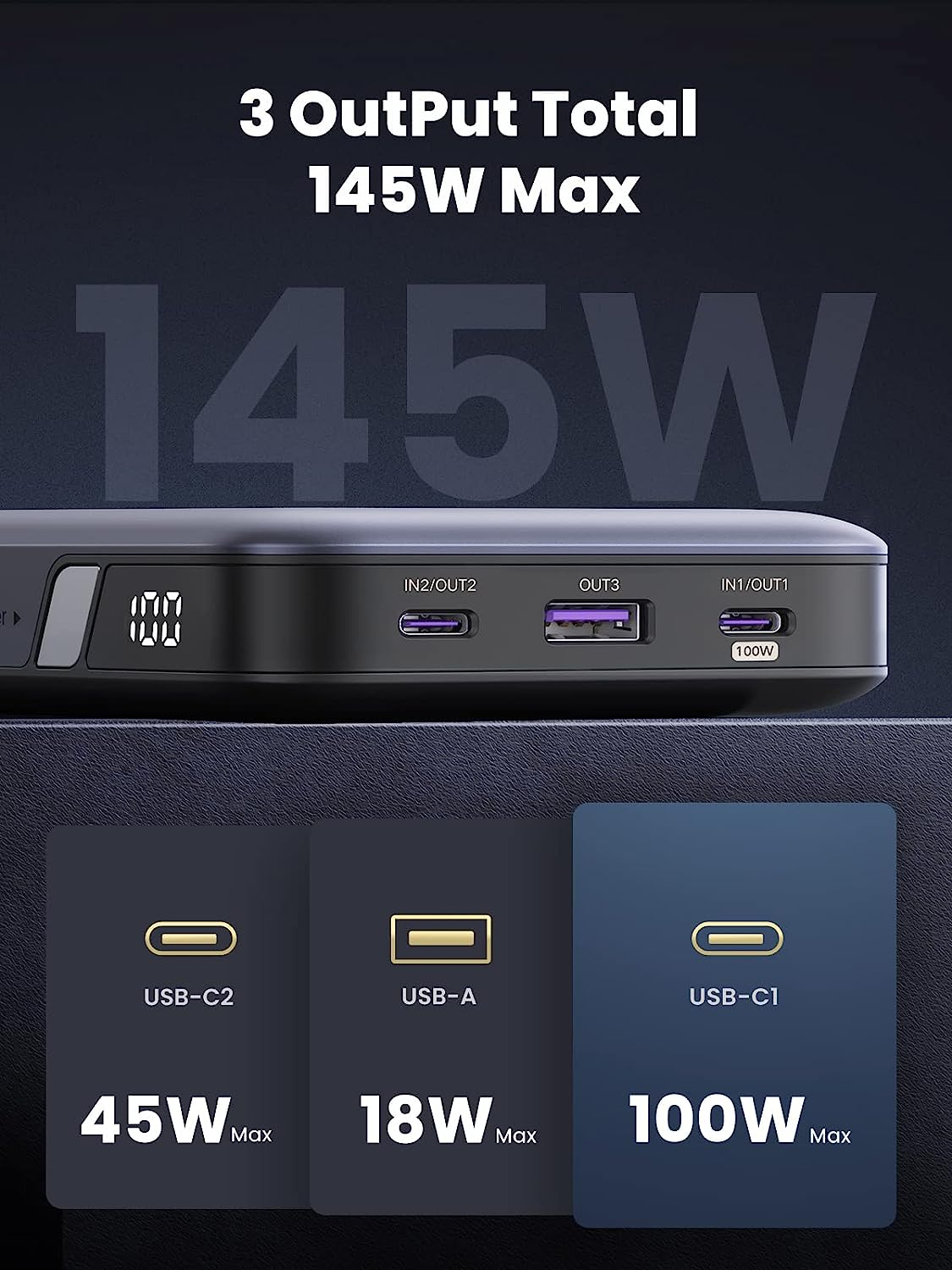 Prijenosna baterija za prijenosno računalo UGREEN (s tri porta, 145W, 25000mAh)-3