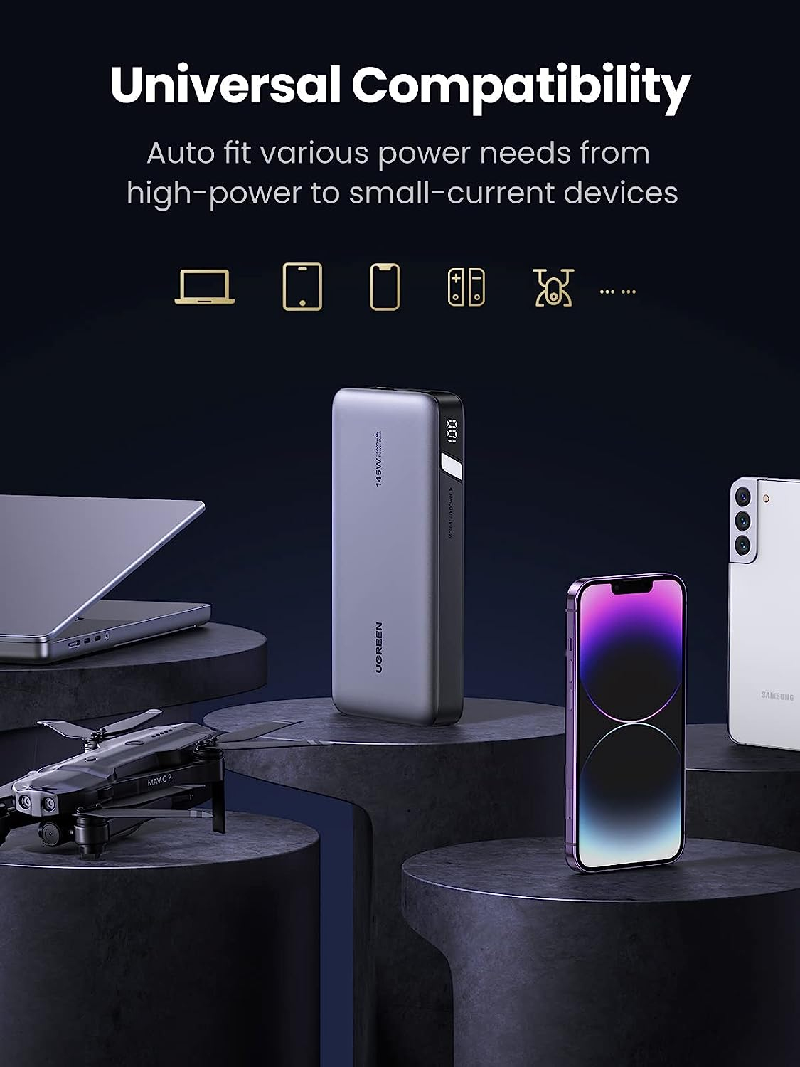 Prijenosna baterija za prijenosno računalo UGREEN (s tri porta, 145W, 25000mAh)-4