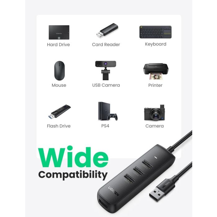USB HUB UGREEN, USB 3.0 A, 4-portni, crni, 1m-2