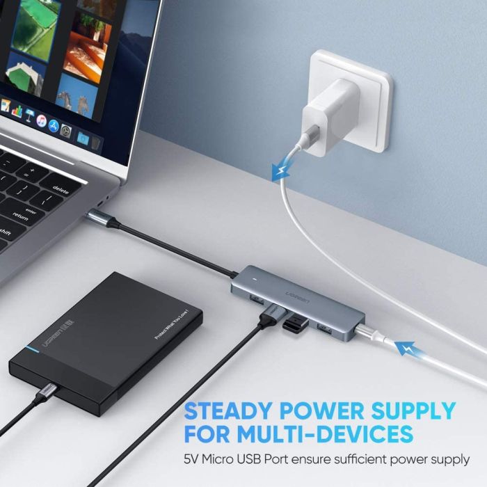 USB HUB UGREEN, USB-C 3.0, 4-portni, kon. za napajanje, sivi-11